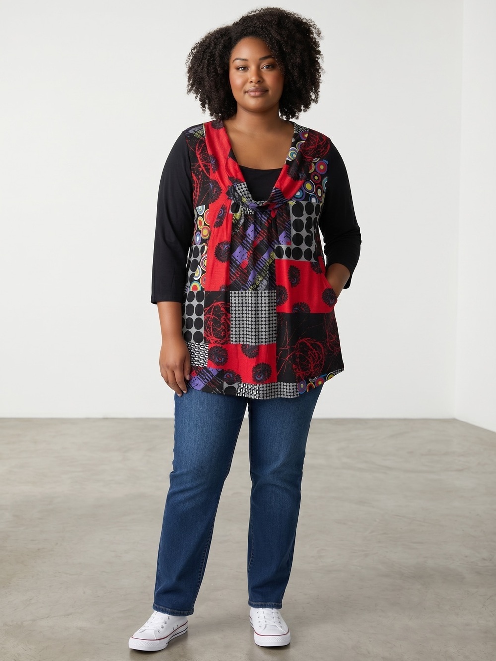 La Redoute Patchwork 3/4 Sleeve Rayon Tunic Top with Cowl Neck Size 2X